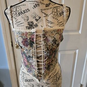 Floral Tapestry Lace-Up Corset Top in Beige and Multicolor